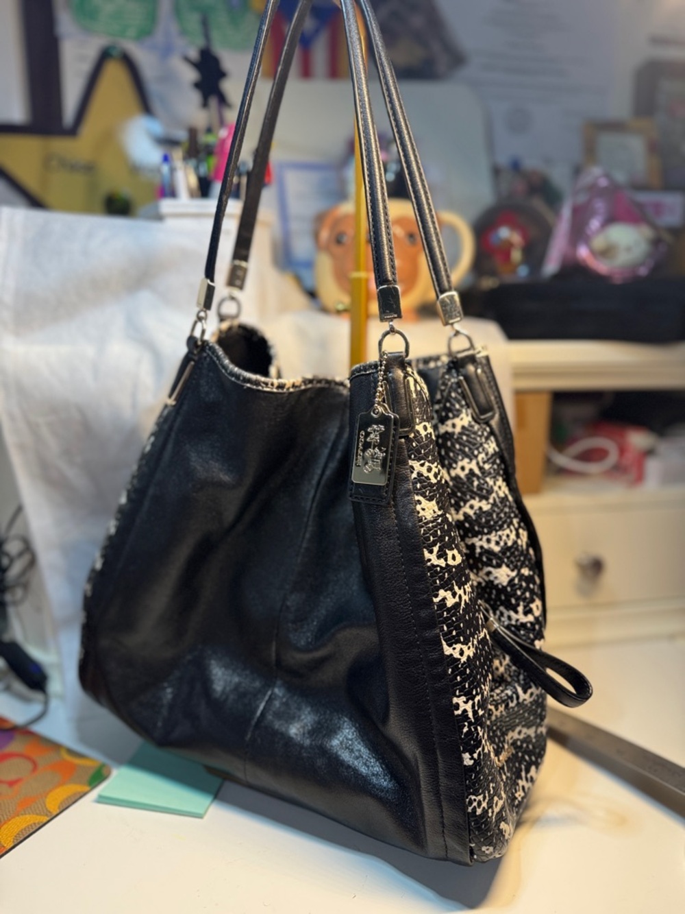 Coach Black and White Madison Two tone Python Exotic leather Shoulder Bag